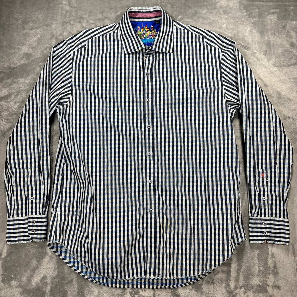 Robert Graham Mens XL Gingham Check Button Down Shirt Blue Door Cuff Embroidery